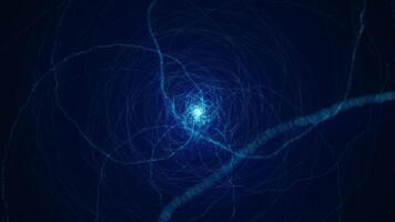 abstrato animação do uma brilhando azul vórtice fiação por aí uma brilhante Centro e ejetando rajadas do partículas para dentro espaço. sci fi digital futurista fantasia animação. 4k 60. fps. video