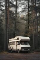 AI generated Camping in the forest of the motorhome . Holidays in a camper van photo