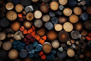 AI generated Chopped multicolored logs are stacked. A wall of firewood, a background of dry chopped firewood photo