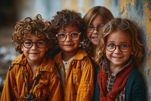 ai generado cuatro alegre niños en brillante ropa y lentes son teniendo divertido gasto su verano Días festivos al aire libre foto