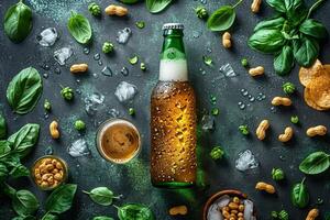 AI generated Realistic beer bottle with golden bubbles on the background with snacks. A refreshing drink without a label photo