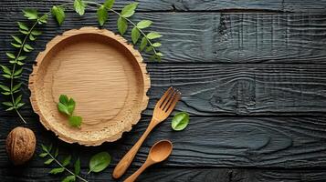 AI generated eco-friendly disposable tableware made of wood on a wooden background. the concept of recycling photo