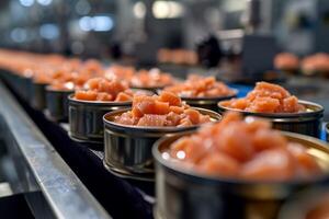 AI generated Production of canned fish. Tin cans of fish on the conveyor photo