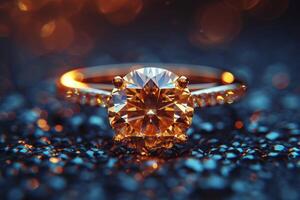 AI generated A gold diamond ring lies on the table - the epitome of luxury photo