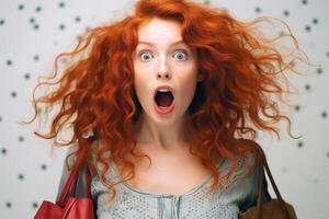 AI generated Close-up of a beautiful white girl with red hair, dressed in stylish clothes, who looks at the camera and smiles photo