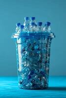 AI generated Lots of plastic bottles in a bucket on a blue background photo