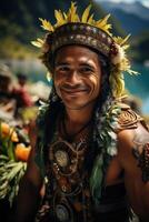 AI generated Portrait of a Polynesian man from the Pacific island of Tahiti. French Polynesia photo