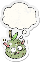 cartoon old pear and thought bubble as a distressed worn sticker png