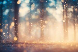 AI generated blurred abstract photo of light burst among trees and glitter bokeh