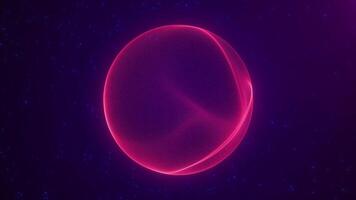 astratto il giro rosso sfera, scintillante con luminosa magico onde di energia fatto con particelle. luminoso blu nuclei volante di siamo succhiato in il globo plasmatico campo su un' buio pendenza sfondo. video