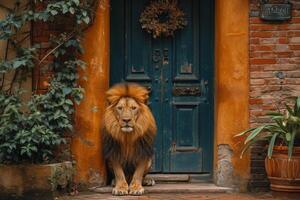 ai generado un grande león es sentado guardando el frente puerta de el casa foto