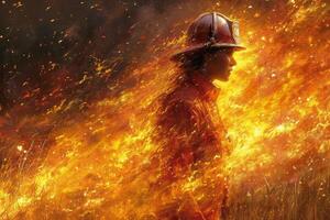 AI generated A firefighter is looking for survivors of the fire. Saving people photo