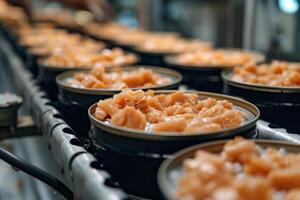 AI generated Production of canned fish. Tin cans of fish on the conveyor photo