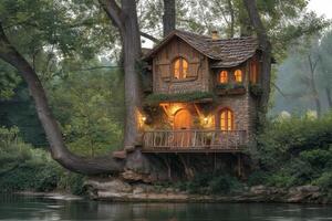ai generado linda pequeño árbol casa para niños en el bosque foto
