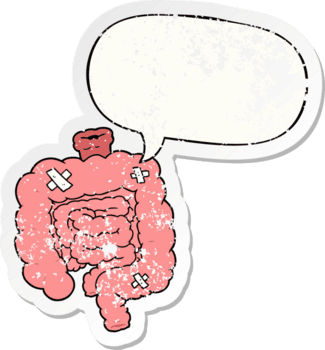 Cartoon repariert Darm und Sprechblase Distressed Aufkleber png