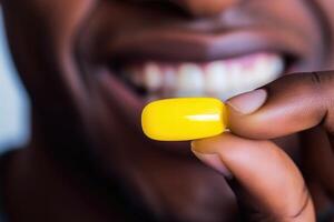 AI generated Man holding yellow pill with two fingers, close up photo