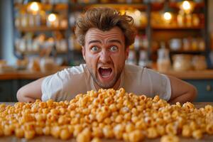 AI generated A screaming Emotional man and a pile of cornflakes in front of him photo