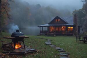 AI generated Luxury country house with evening lighting after sunset photo