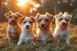 AI generated Portrait of a group of Jack Russell dogs in summer on a green lawn photo