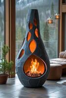 AI generated Modern designer black cast iron fireplace in a country house with a burning fire photo