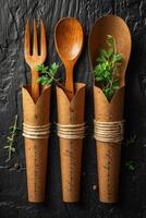 AI generated eco-friendly disposable tableware made of wood on a wooden background. the concept of recycling photo