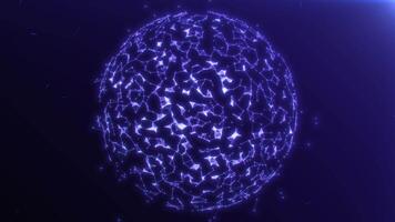 Abstract flying glowing neon purple sphere made of dots, lines and triangles on dark blue background. Levitating magic particles around illuminated by light rays. 4k 60fps video loop.