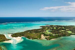 Top view of the lagoon and coral reef of Mauritius in the Indian Ocean photo