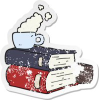 distressed sticker of a cartoon books and coffee cup png