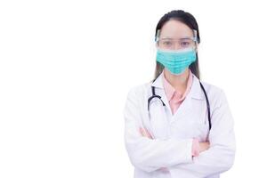 Professional Asian young woman doctor who she wear white lab coat as uniform wears medical face mask and face shield to protect virus while isolated white background. photo