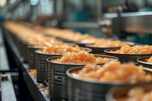 AI generated Production of canned fish. Tin cans of fish on the conveyor photo