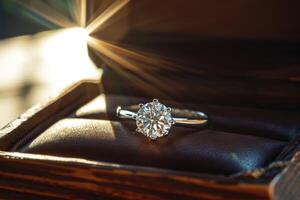 AI generated A platinum diamond ring is in a jewelry box, the concept of luxury photo