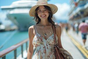 AI generated A girl in a hat standing in front of a large cruise ship. Sea voyage photo