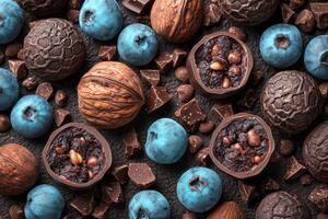 AI generated Textured background of walnuts, chocolate and blueberries photo