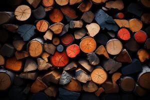 AI generated Chopped multicolored logs are stacked. A wall of firewood, a background of dry chopped firewood photo