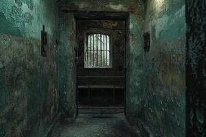 AI generated An old abandoned prison. A room with bars photo