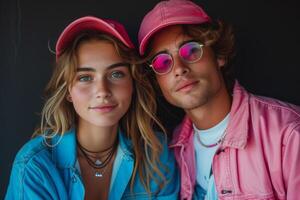 AI generated A young couple in pink and blue clothes on black . Fender party photo