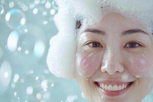 AI generated Asian girl's face in soap suds and bubbles on blue photo