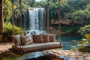 AI generated Stylish interior with swings on the background of a lake with a waterfall photo
