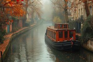 AI generated An old boat in the city canal on the water photo