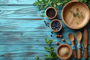 AI generated eco-friendly disposable tableware made of wood on a wooden background. the concept of recycling photo