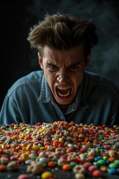 AI generated A screaming Emotional man and a pile of cornflakes in front of him photo