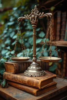 AI generated The scales of justice are on the table in the interior photo