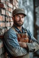 AI generated Portrait of a bricklayer in the workplace. Construction worker photo