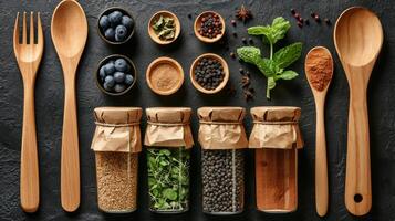 AI generated eco-friendly disposable tableware made of paper and wood with spices on a black background. the concept of recycling photo