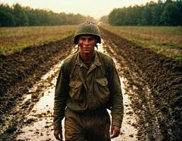 AI generated photo of intense soldier man in army outfit and helmet in serious dangerous war walking on field, generative AI