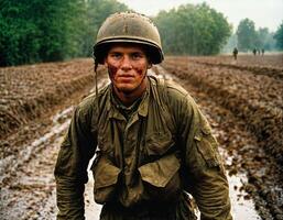 ai generado foto de intenso soldado hombre en Ejército atuendo y casco en grave peligroso guerra caminando en campo, generativo ai