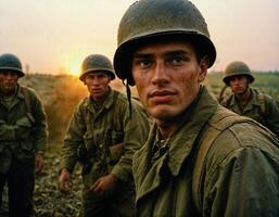 ai generado foto de intenso soldado hombre en Ejército atuendo y casco en grave peligroso guerra caminando en campo, generativo ai