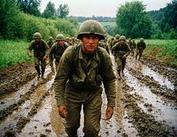 ai generado foto de intenso soldado hombre en Ejército atuendo y casco en grave peligroso guerra caminando en campo, generativo ai