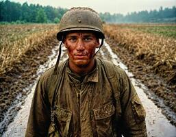 ai generado foto de intenso soldado hombre en Ejército atuendo y casco en grave peligroso guerra caminando en campo, generativo ai