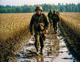 ai generado foto de intenso soldado hombre en Ejército atuendo y casco en grave peligroso guerra caminando en campo, generativo ai